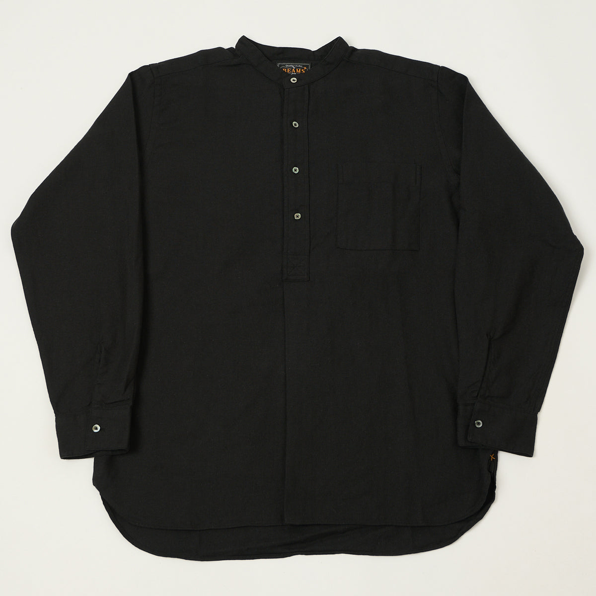 Beams Plus Herringbone Twill Band Collar Pullover Shirt - Black