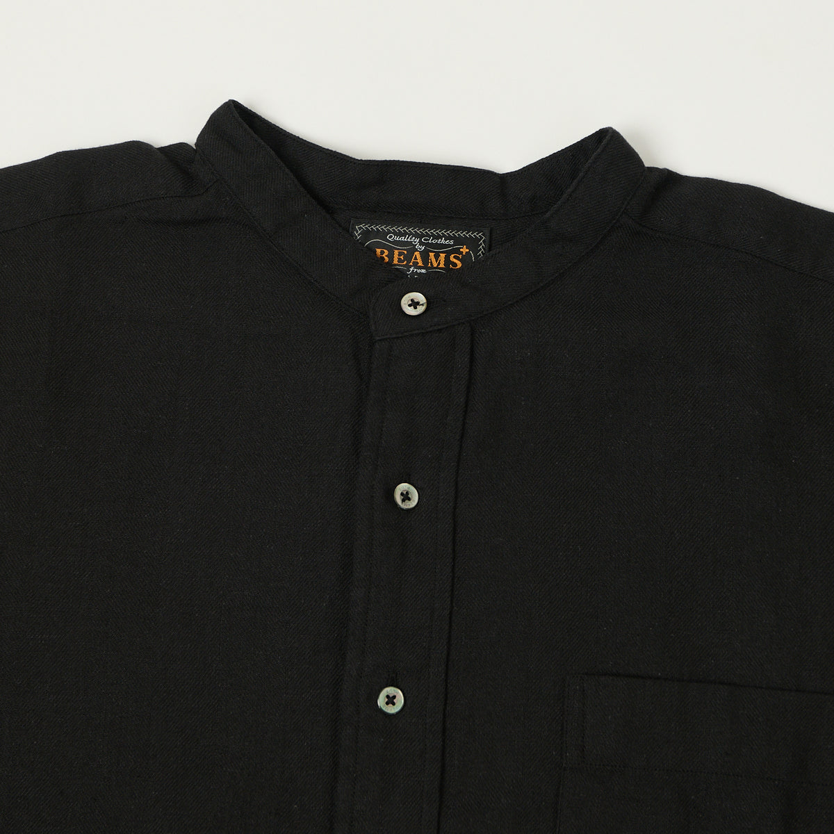 Beams Plus Herringbone Twill Band Collar Pullover Shirt - Black