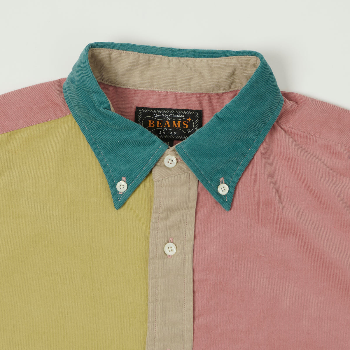 Beams Plus Corduroy Panel Button Down Shirt - Teal/Multi