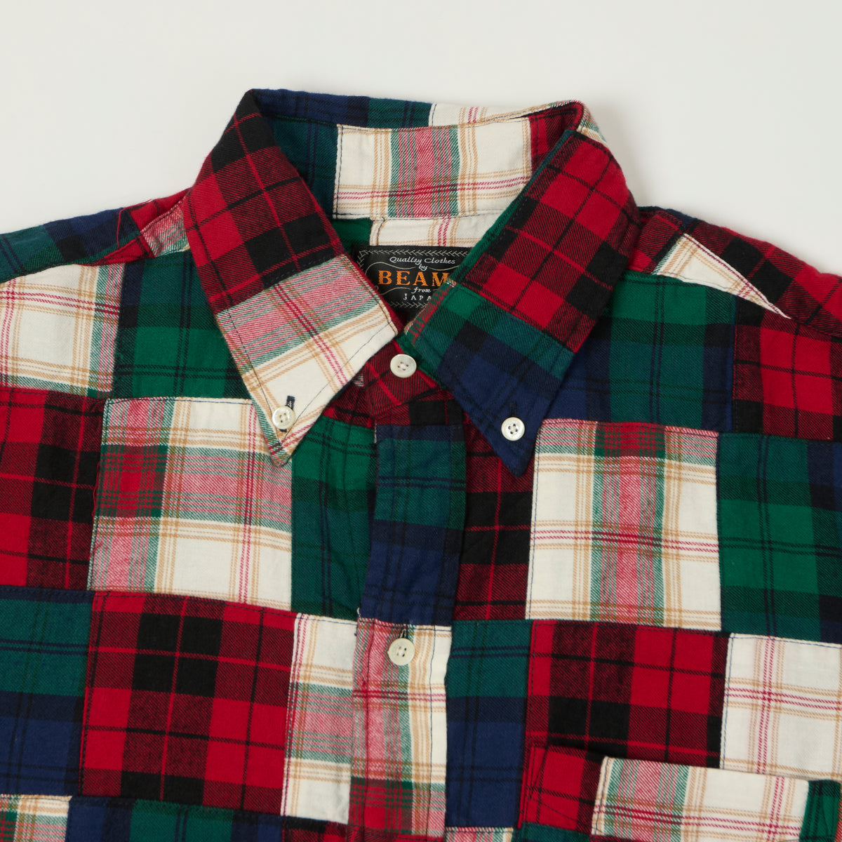 Beams Plus Patchwork Plaid Button Down Shirt - Red/Green