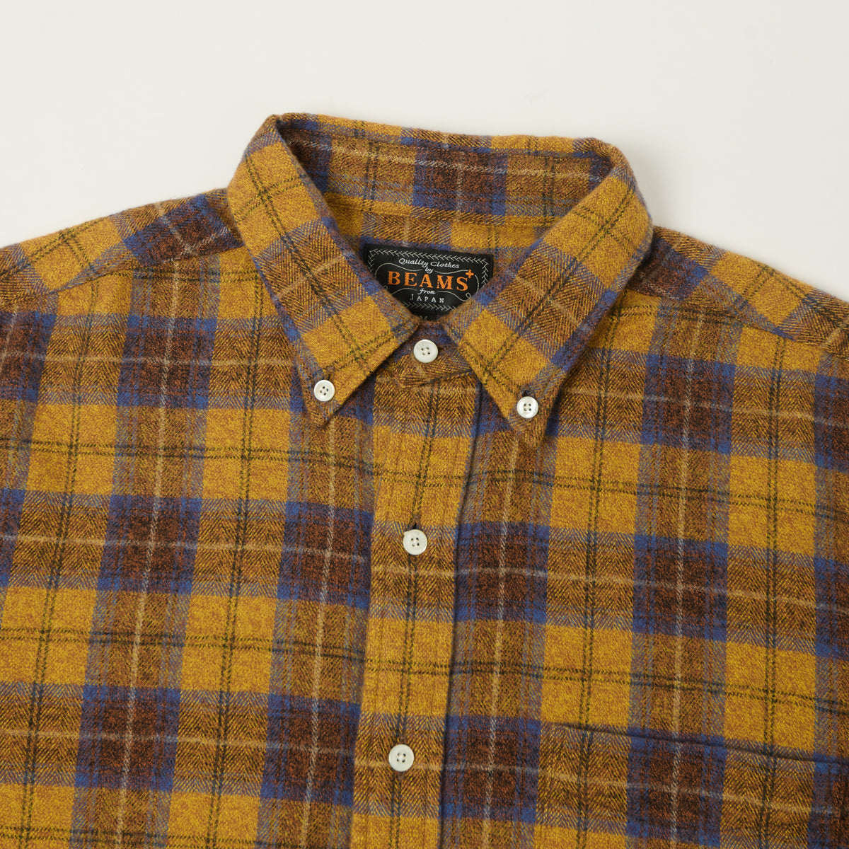 Beams Plus Button Down Herringbone Check Shirt - Mustard