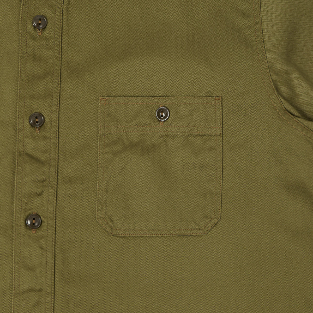 Buzz Rickson's Open Pocket Short Sleeve Herringbone Work Shirt - Olive