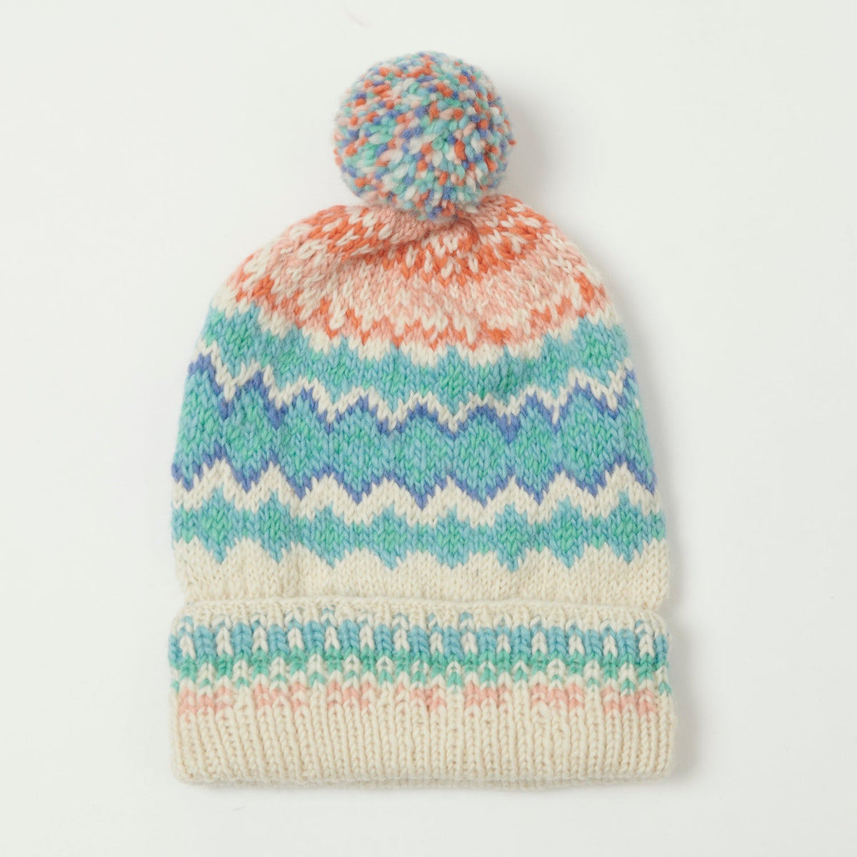 Chamula Double Cuff Beanie 'Fair Isle #8' - Natural/Turquoise
