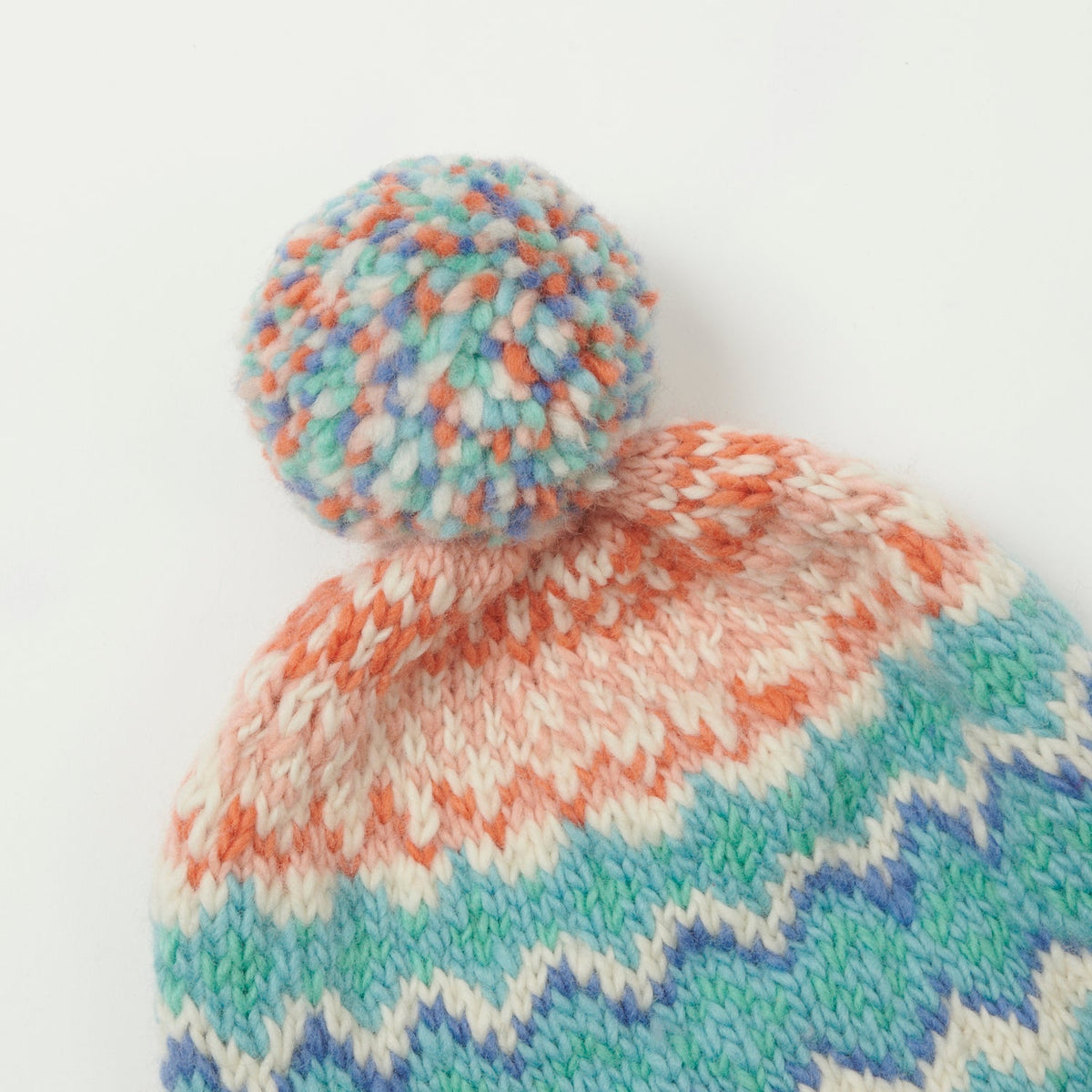 Chamula Double Cuff Beanie 'Fair Isle #8' - Natural/Turquoise