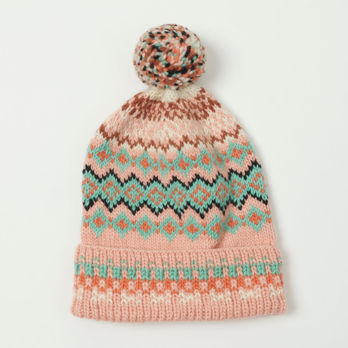Chamula Double Cuff Beanie 'Fair Isle #8' - Melon
