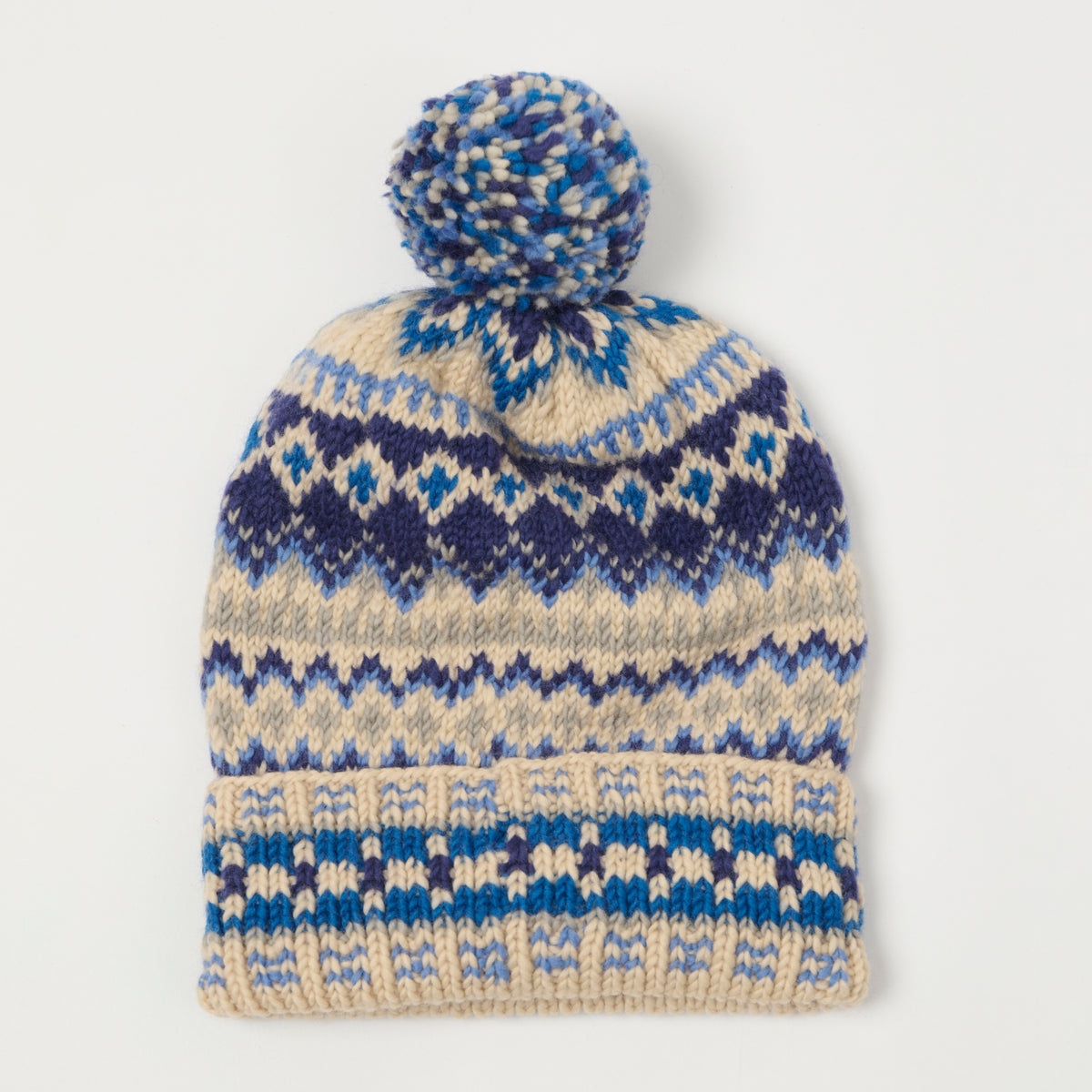 Chamula Double Cuff Beanie 'Fair Isle #3' - Blue/Beige
