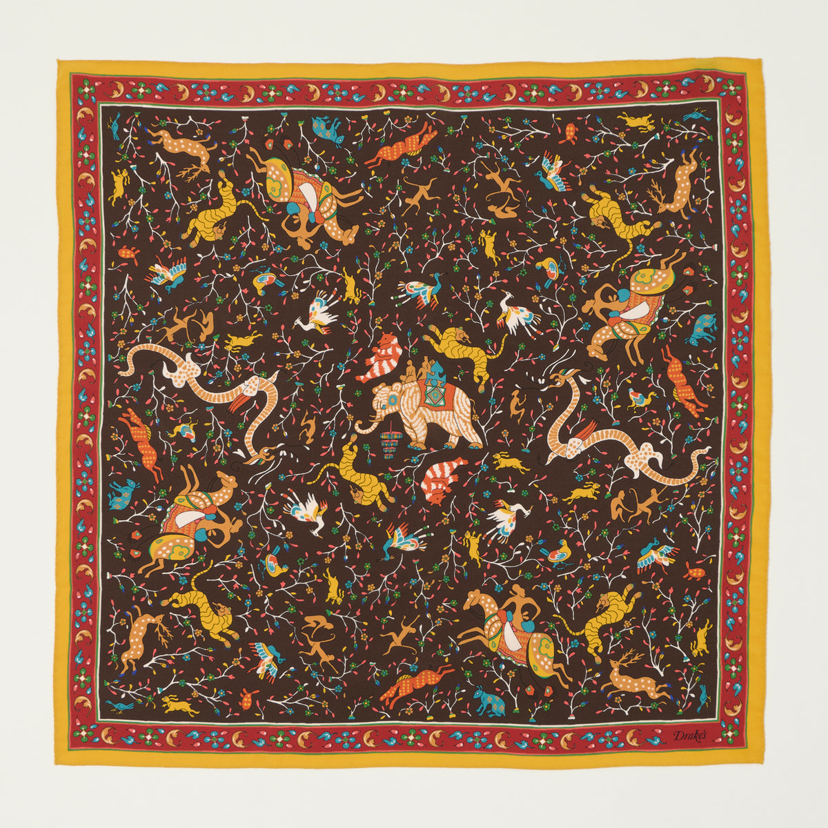 Drake's Floral 'Animals and Flowers' Silk Bandnana - Brown