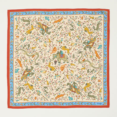 Drake's Floral 'Animals and Flowers' Silk Bandnana - Ecru