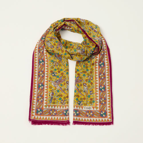 Drake's 'Birds and Flowers' Wool/Silk Scarf - Yellow