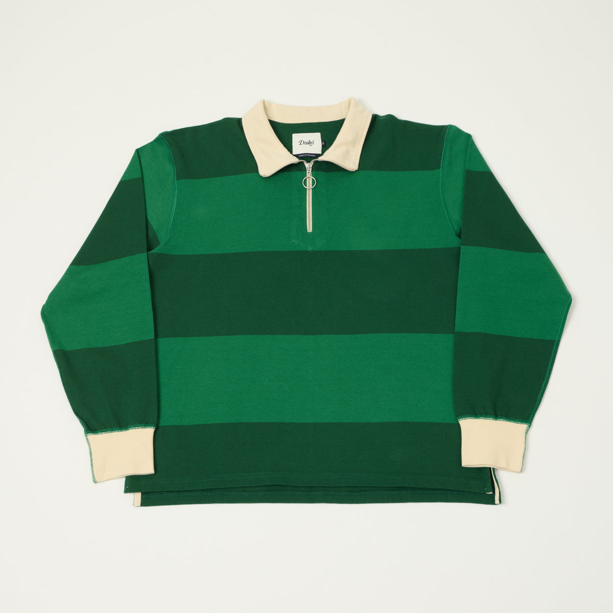 Drake's Block Stripe Quarter Zip Rugby Shirt - Dark Green
