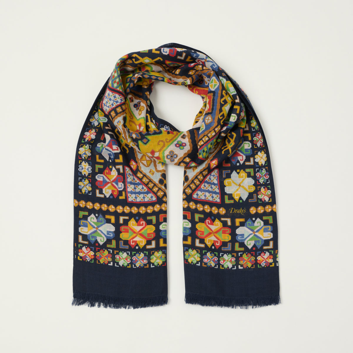 Drake's 'Carpet' Wool/Silk Printed Tubular Scarf - Navy