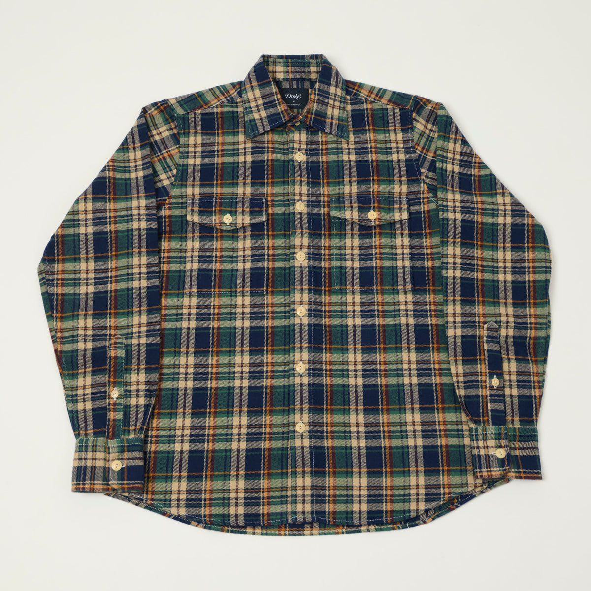 Drake's Brushed Flannel Plaid Work Shirt - Indigo