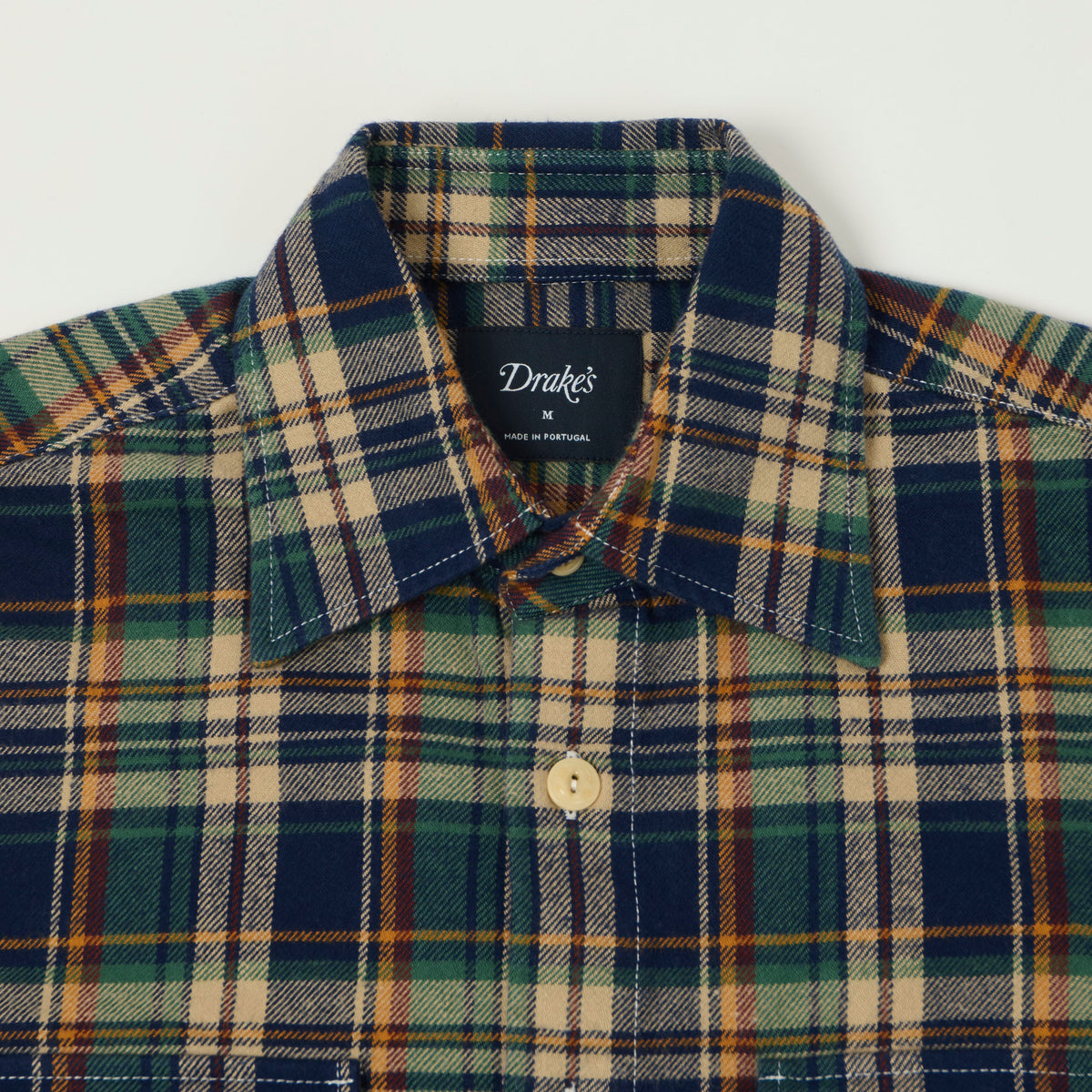 Drake's Brushed Flannel Plaid Work Shirt - Indigo