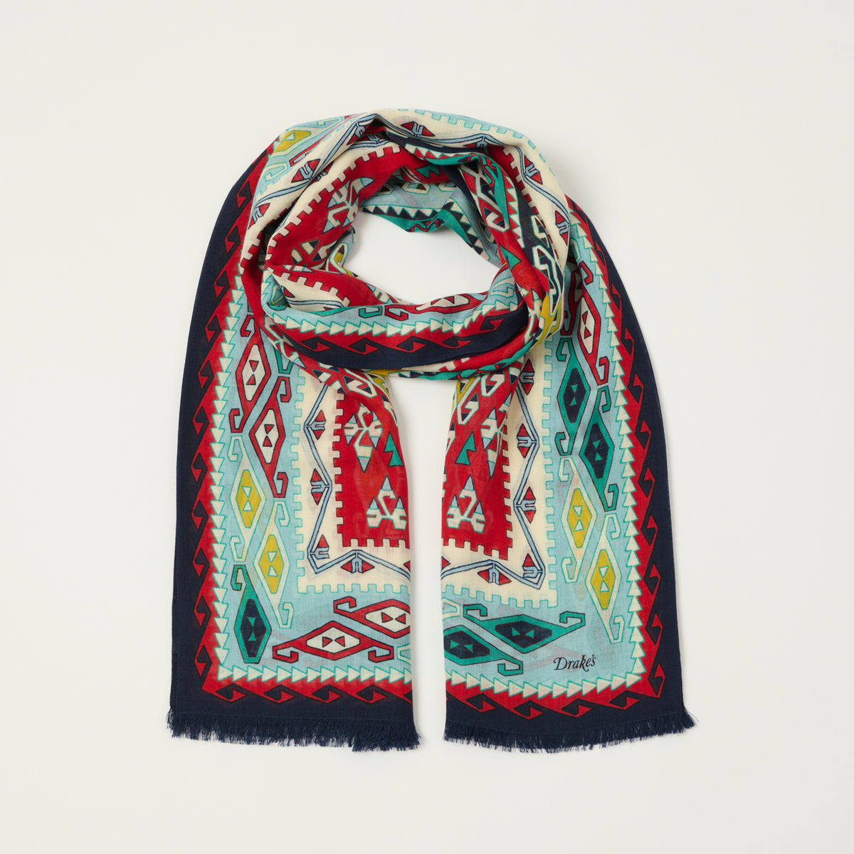 Drake's 'Kilim' Wool/Silk Printed Tubular Scarf - Navy