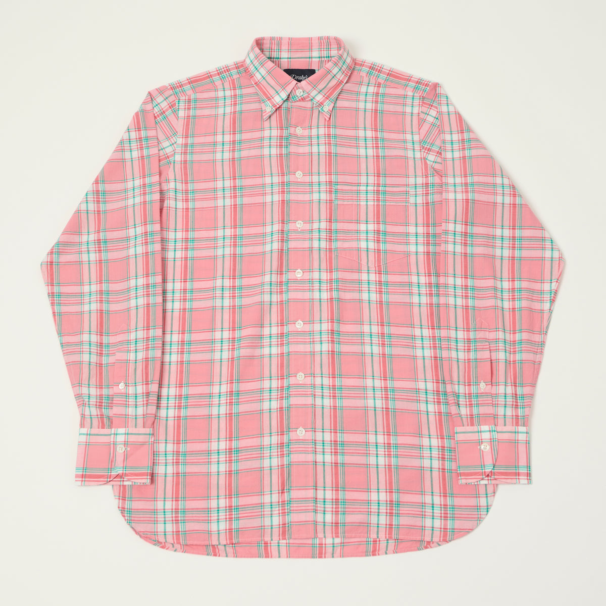 Drake's Button Madras Down Shirt - Pink/Green