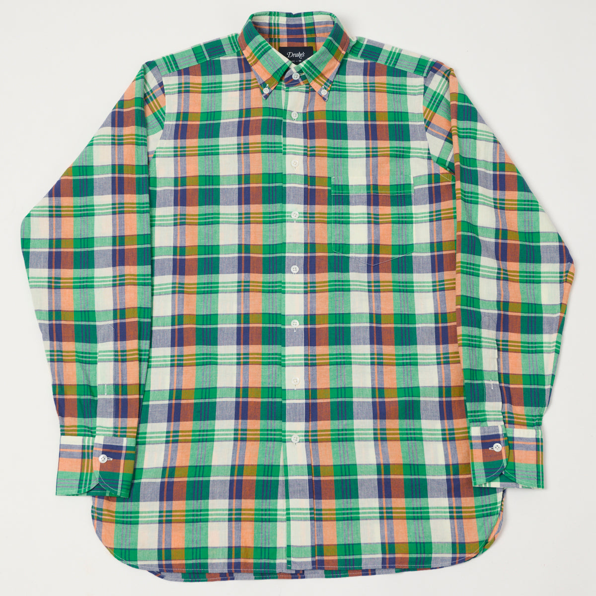 Drake's Button Down Madras Shirt - Green/Orange/Blue