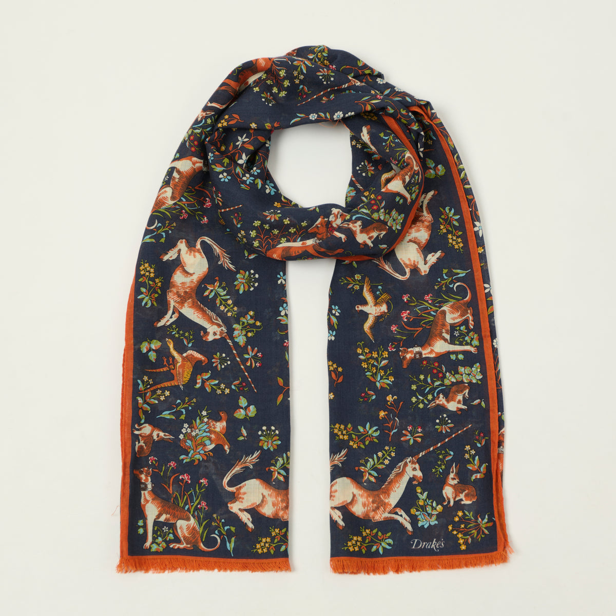 Drake's 'Unicorn Garden' Wool/Silk Scarf - Navy