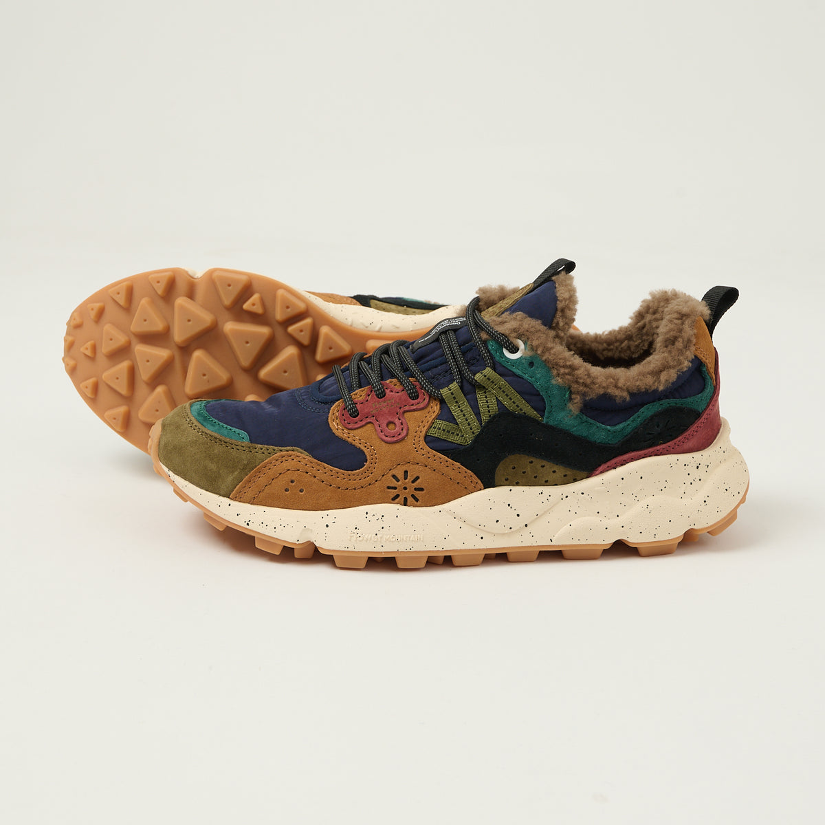 Flower Mountain Yamano 3 Suede/Nylon/Shearling Sneaker - Deep Mud/Light Brown/Navy