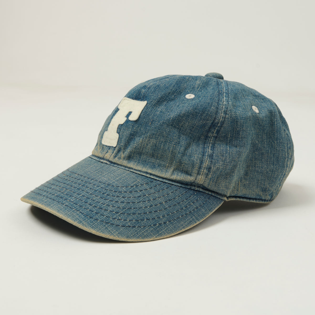 FULLCOUNT 6843 Six Panel Denim Baseball Cap 'F' Patch - Vintage Wash