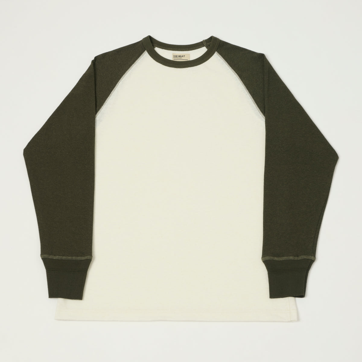 Heimat Raglan Sleeve Cotton Hemp Contrast T-Shirt - Seashell/Military Green