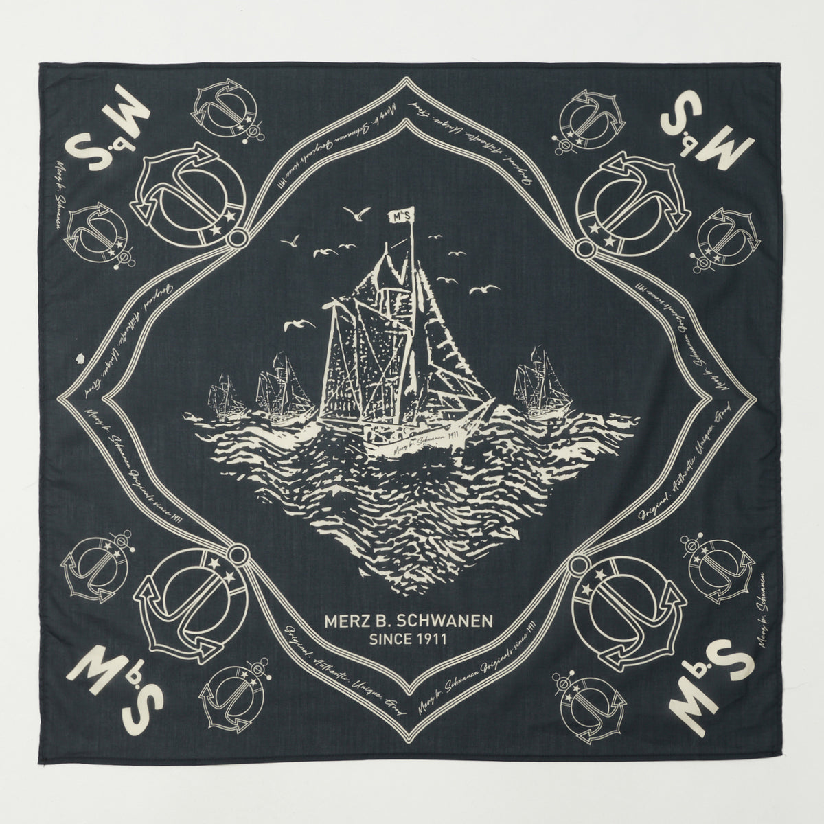 Merz b. Schwanen Ship Print Cotton Bandana - Charcoal