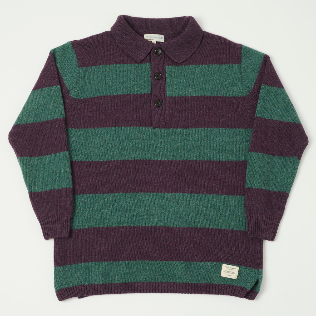 Merz b. Schwanen Wool Stripe Polo- Purple/Dark Teal