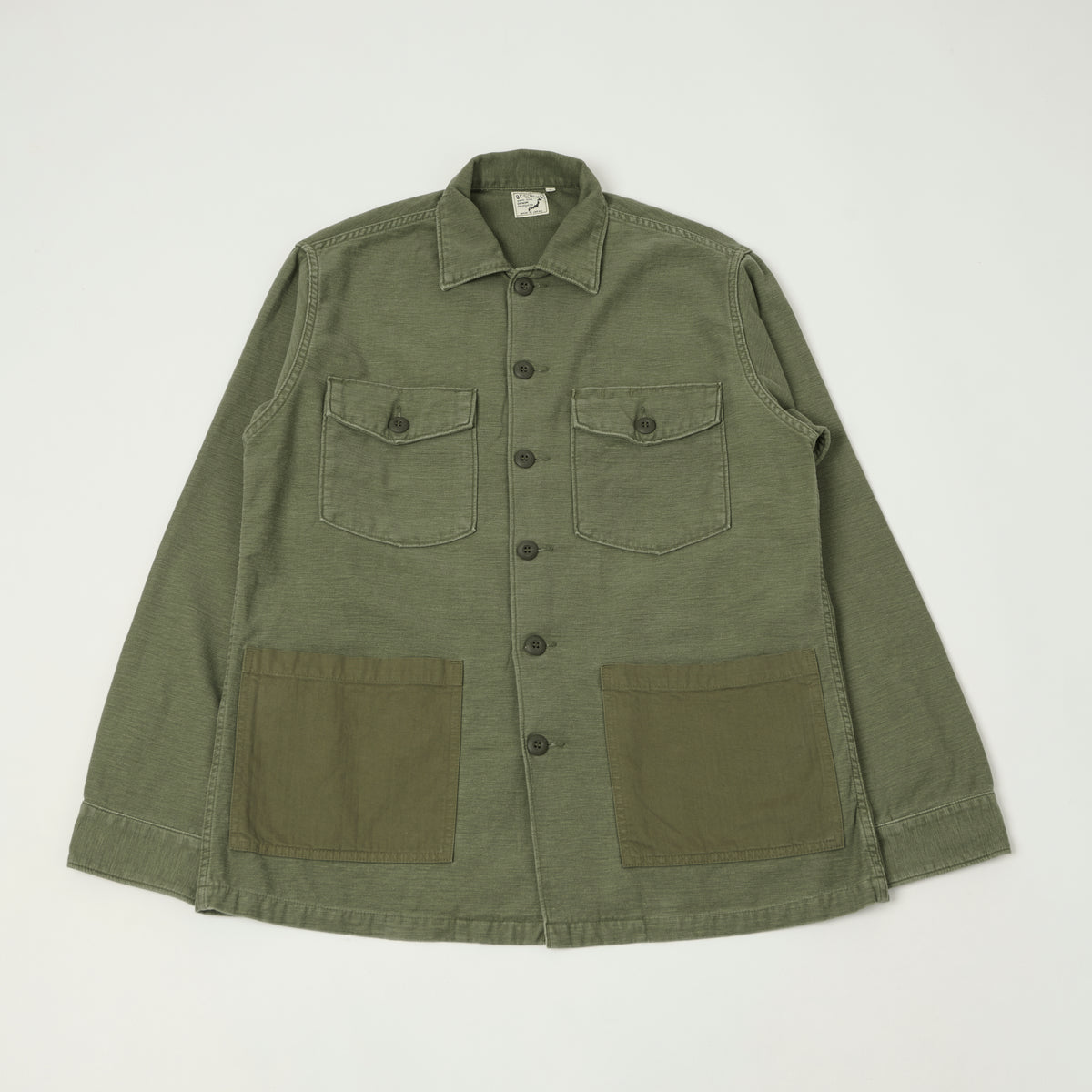orSlow Contrast Pocket Sateen Overshirt - Olive Stone Wash