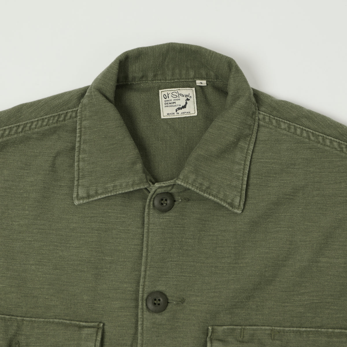 orSlow Contrast Pocket Sateen Overshirt - Olive Stone Wash
