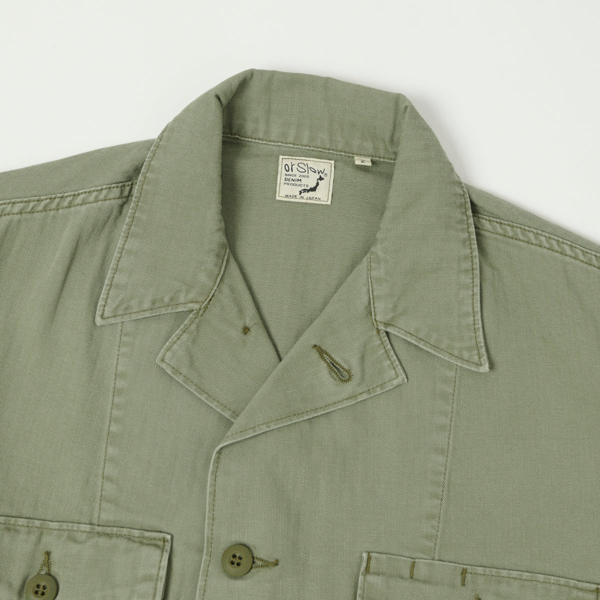 orSlow Herringbone Twill Contrast Pocket Overshirt - Green