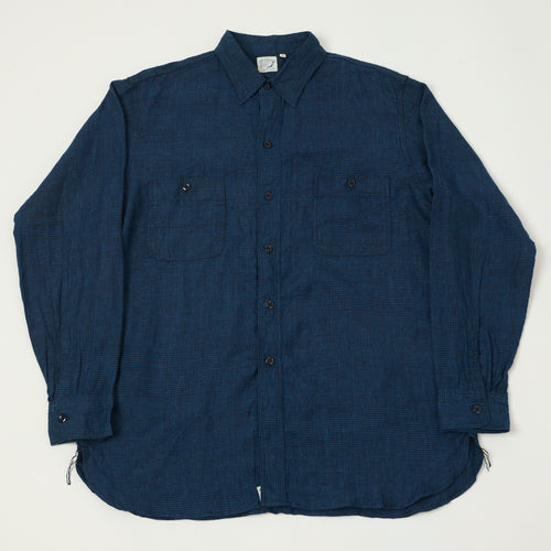 orSlow Linen Poplin Check Work Shirt - Indigo