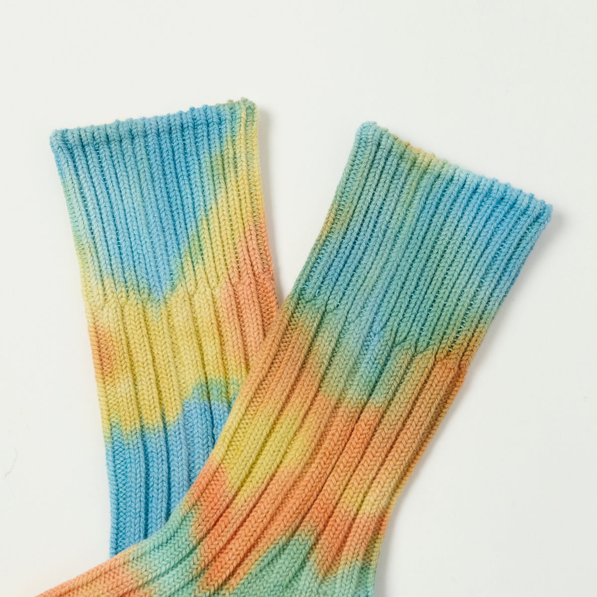RoToTo Tie Dye Chunky Ribbed Crew Sock - Orange/Light Blue/Light Yellow