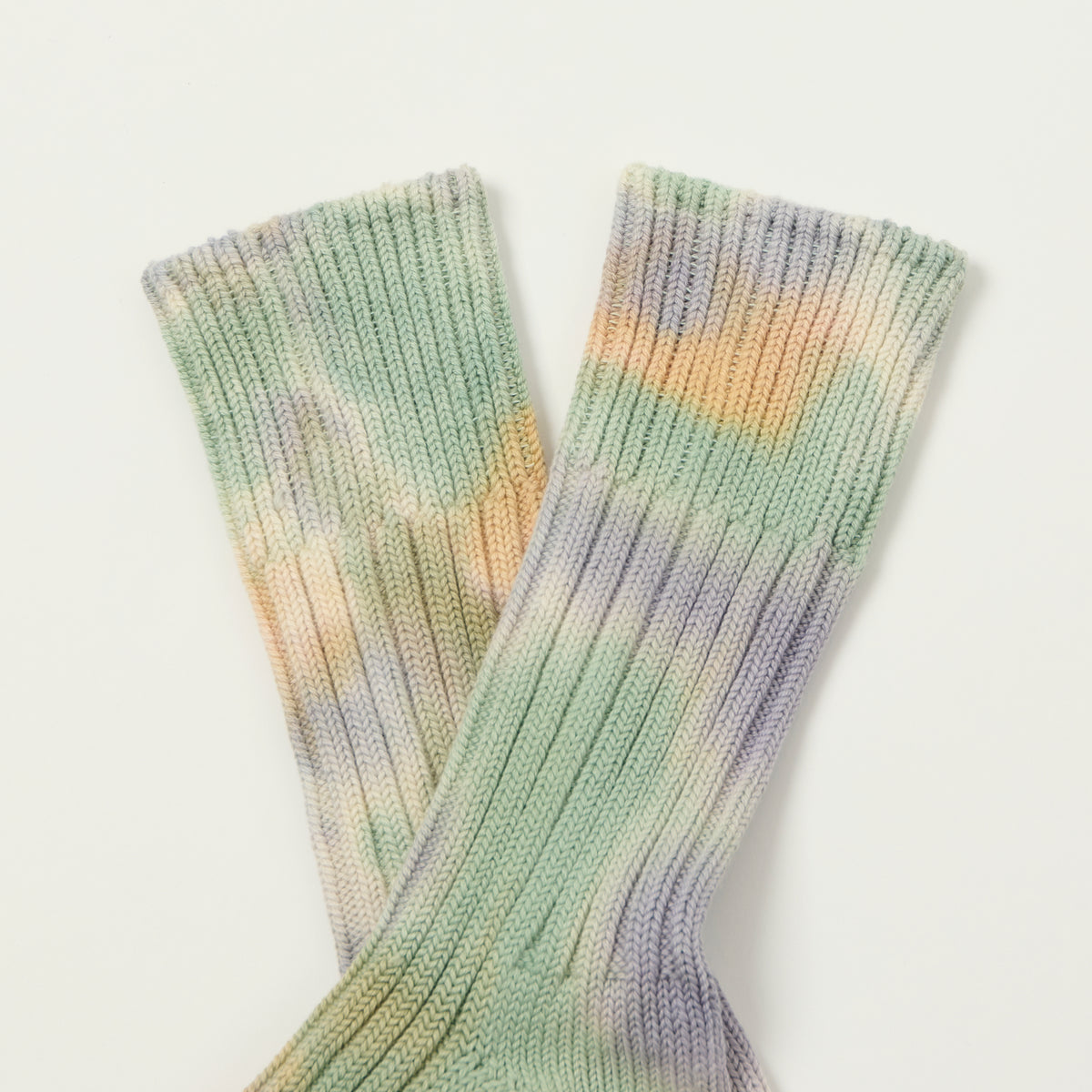 RoToTo Tie Dye Chunky Ribbed Crew Sock - Green/Light Pink/Purple
