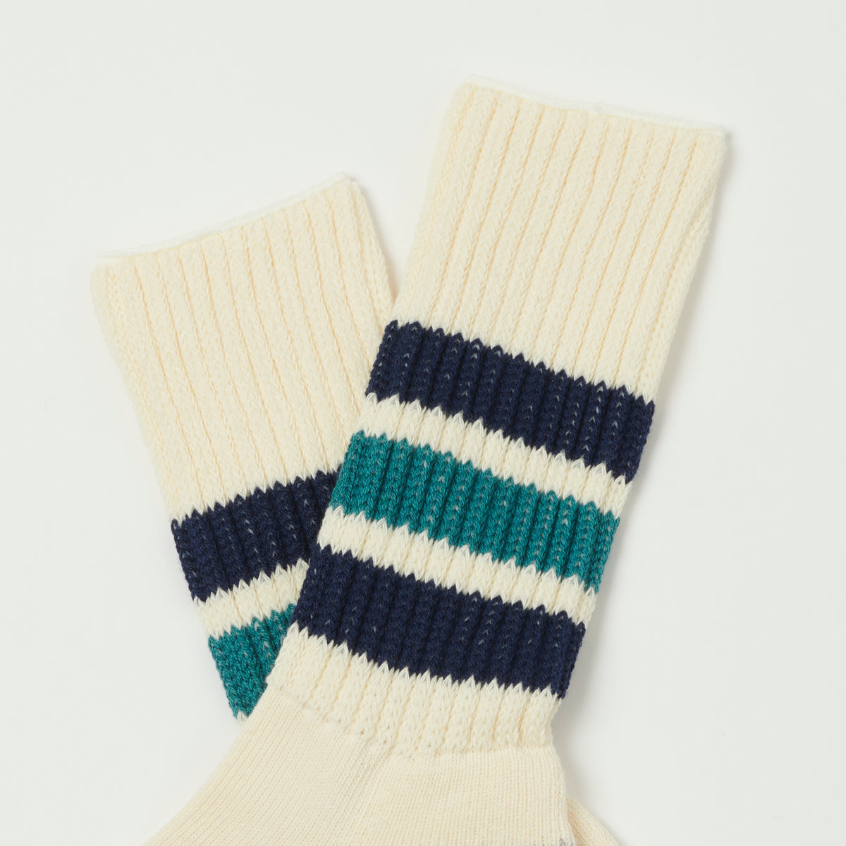 RoToTo Coarse Ribbed Oldschool Crew Sock - Navy Blue/New Green