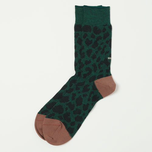 RoToTo Organic Cotton & Recycled Polyester Leopard Crew Sock - Dark Green/Brown