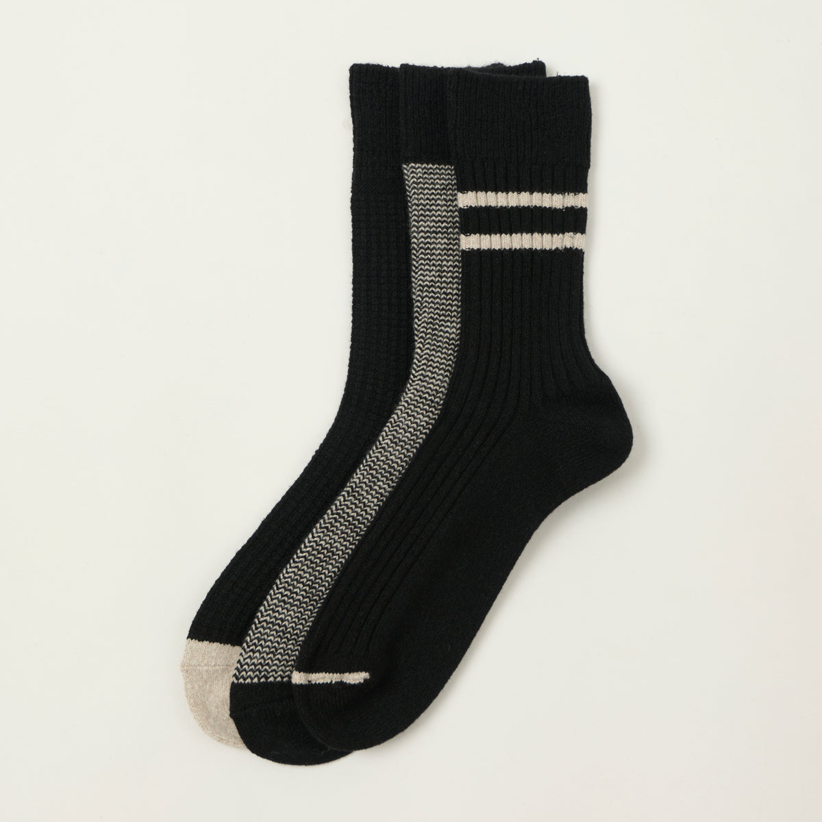 Rototo Recycled Cotton/Wool Daily 3 Pack Socks - Black/Grey