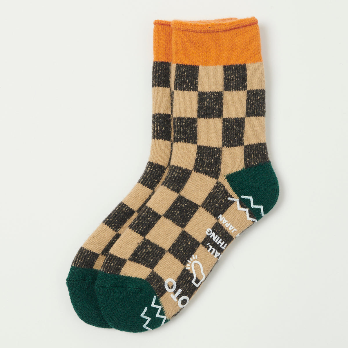 RoToTo Checkerboard Pile Room Sock - Light Orange/Green