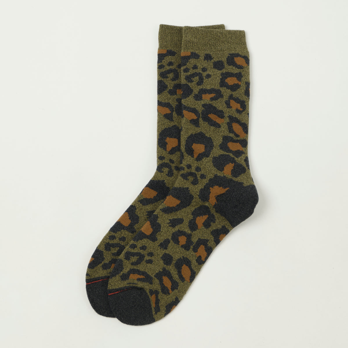 Rototo Pile Leopard Crew Sock - Dark Olive