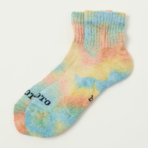 RoToTo Tie Dye Organic Cotton Pile Ankle Sock - Orange/Light Blue/Light Yellow