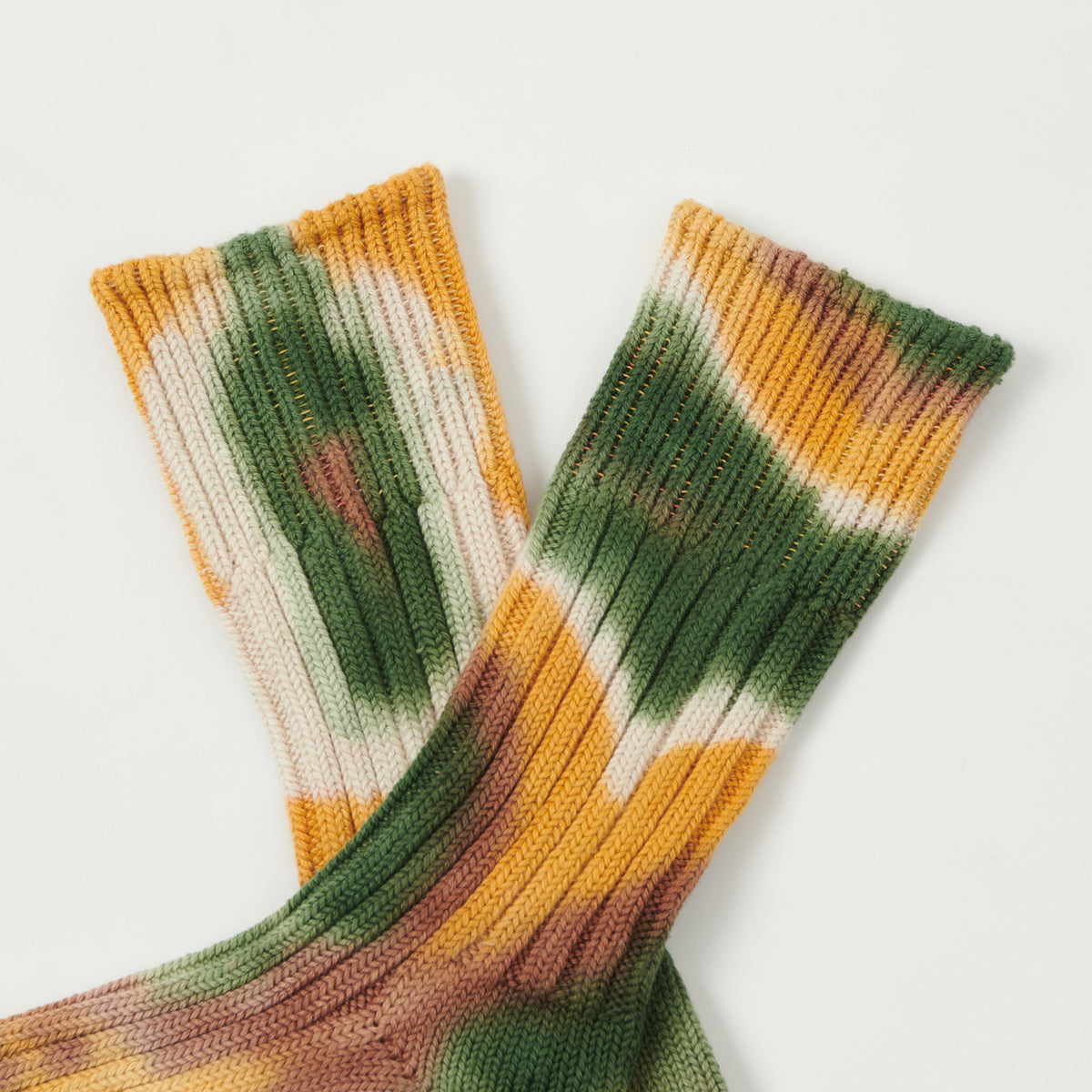 RoToTo Tie Dye Chunky Ribbed Crew Sock - Green/Gold/Brown