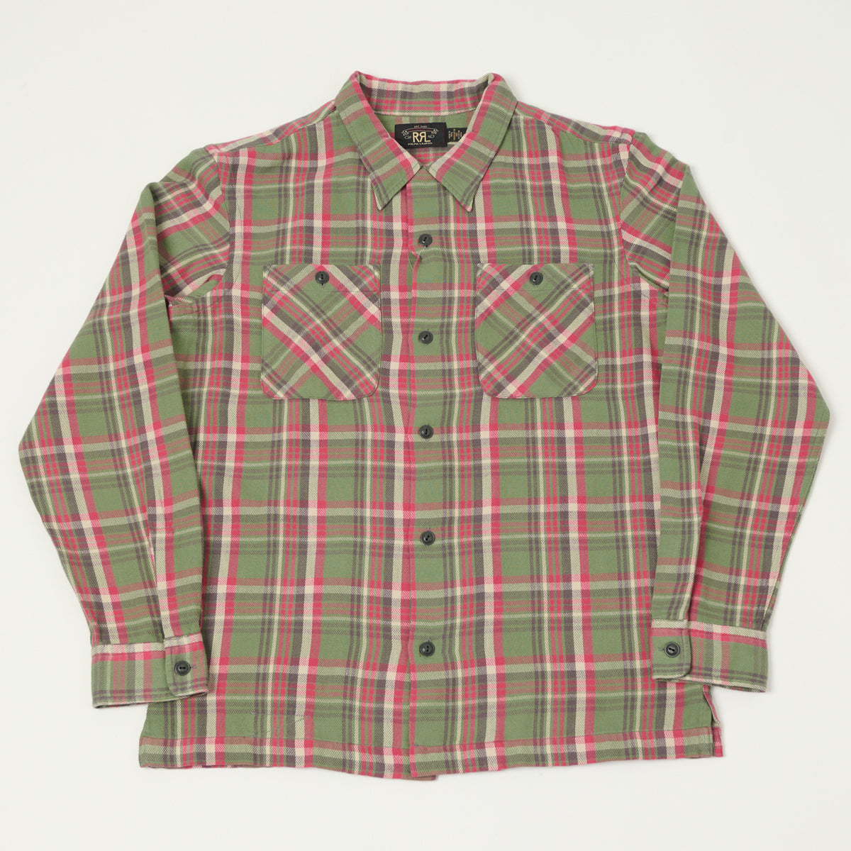 RRL Plaid Twill Camp Collar Shirt- Green/Pink