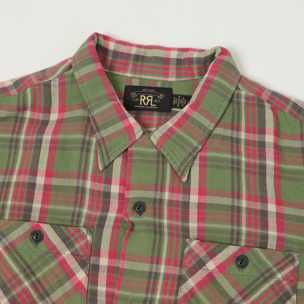 RRL Plaid Twill Camp Collar Shirt- Green/Pink