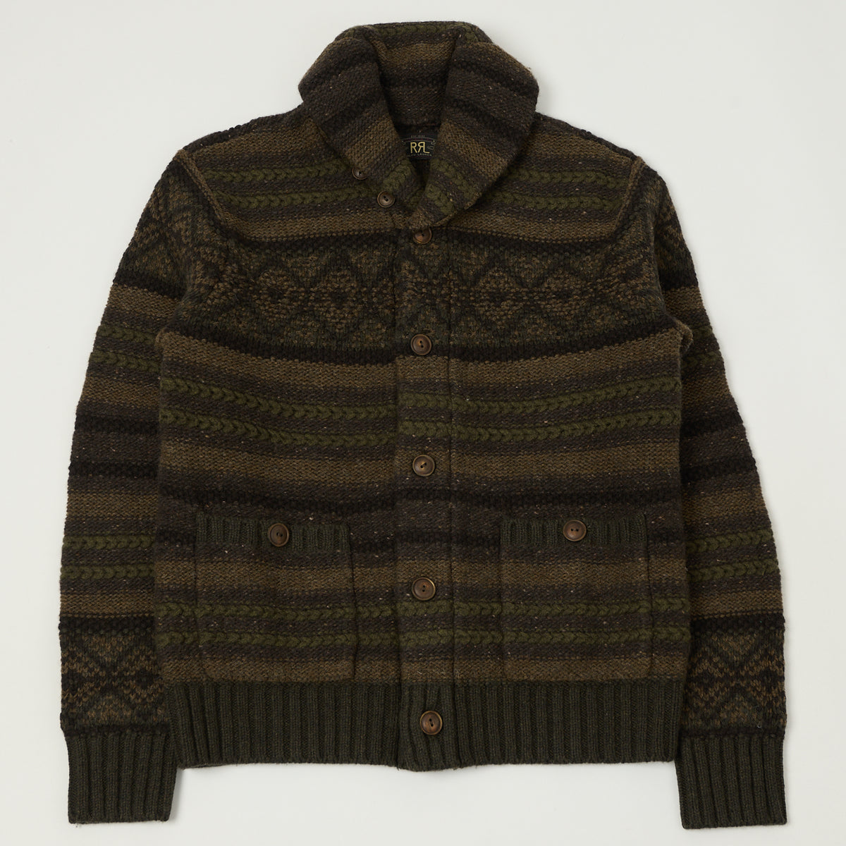 RRL Wool Shawl Collar Cardigan - Brown/Olive