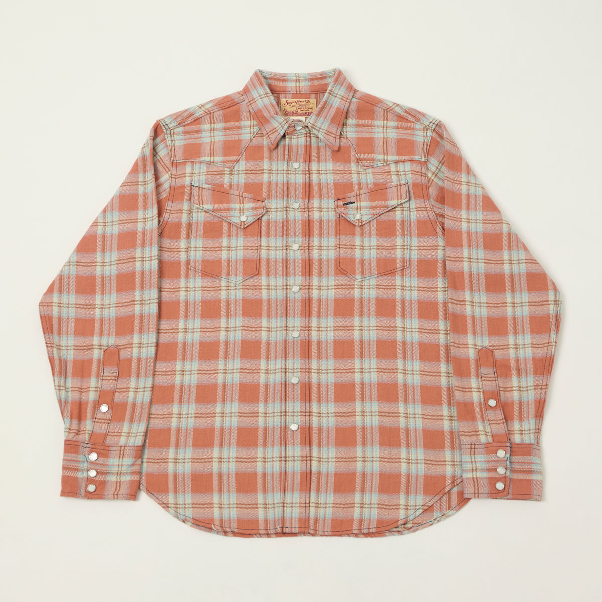 Sugar Cane Herringbone Check Western Shirt - Red/Grey