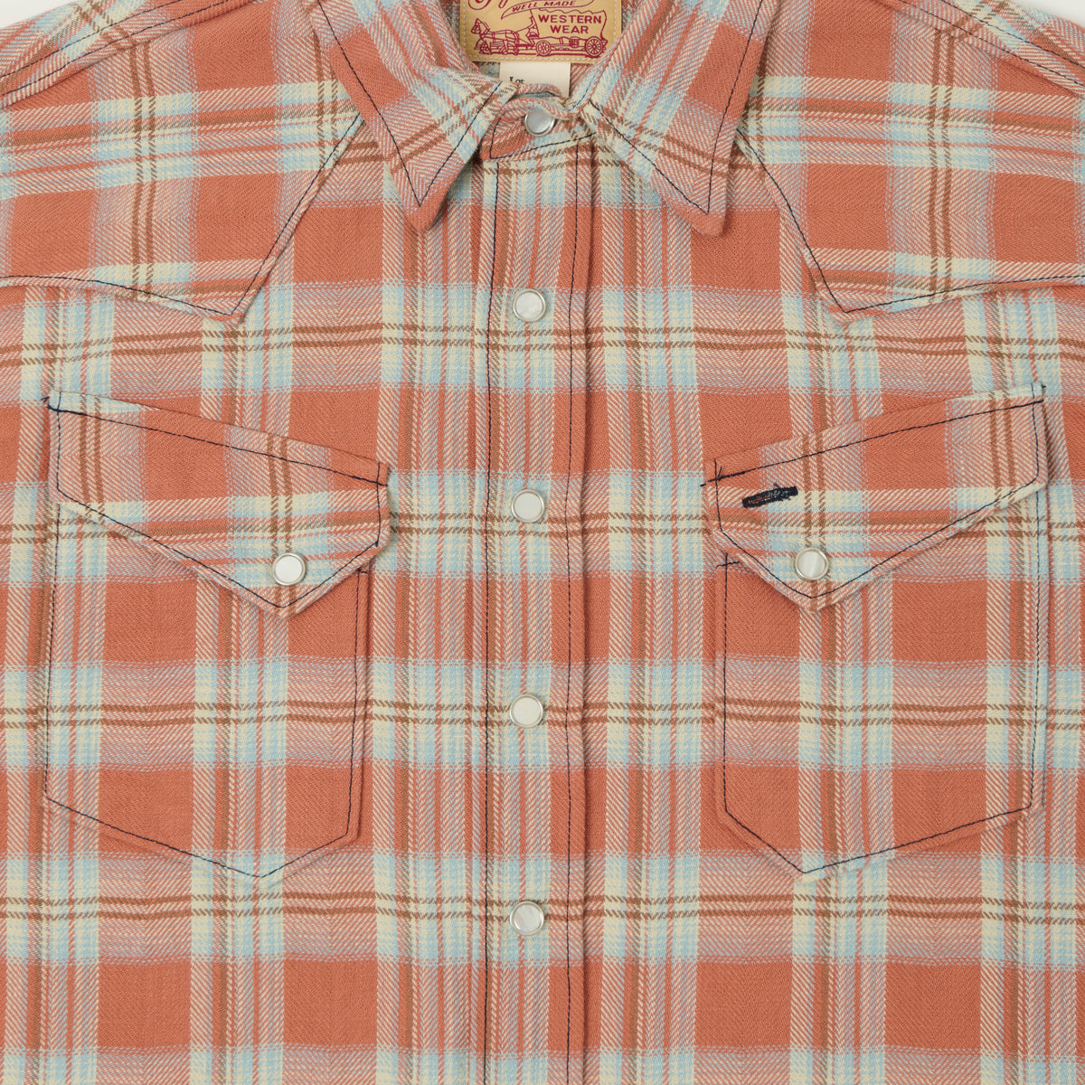 Sugar Cane Herringbone Check Western Shirt - Red/Grey