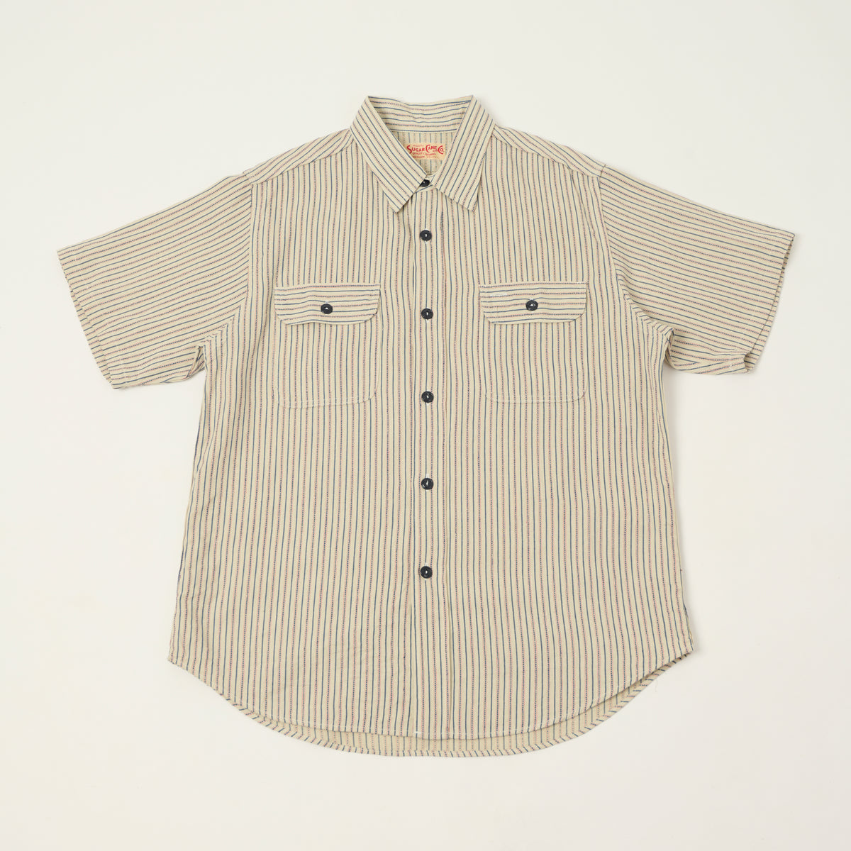 Sugar Cane Dobby Stripe Short Sleeve Work Shirt - Off White