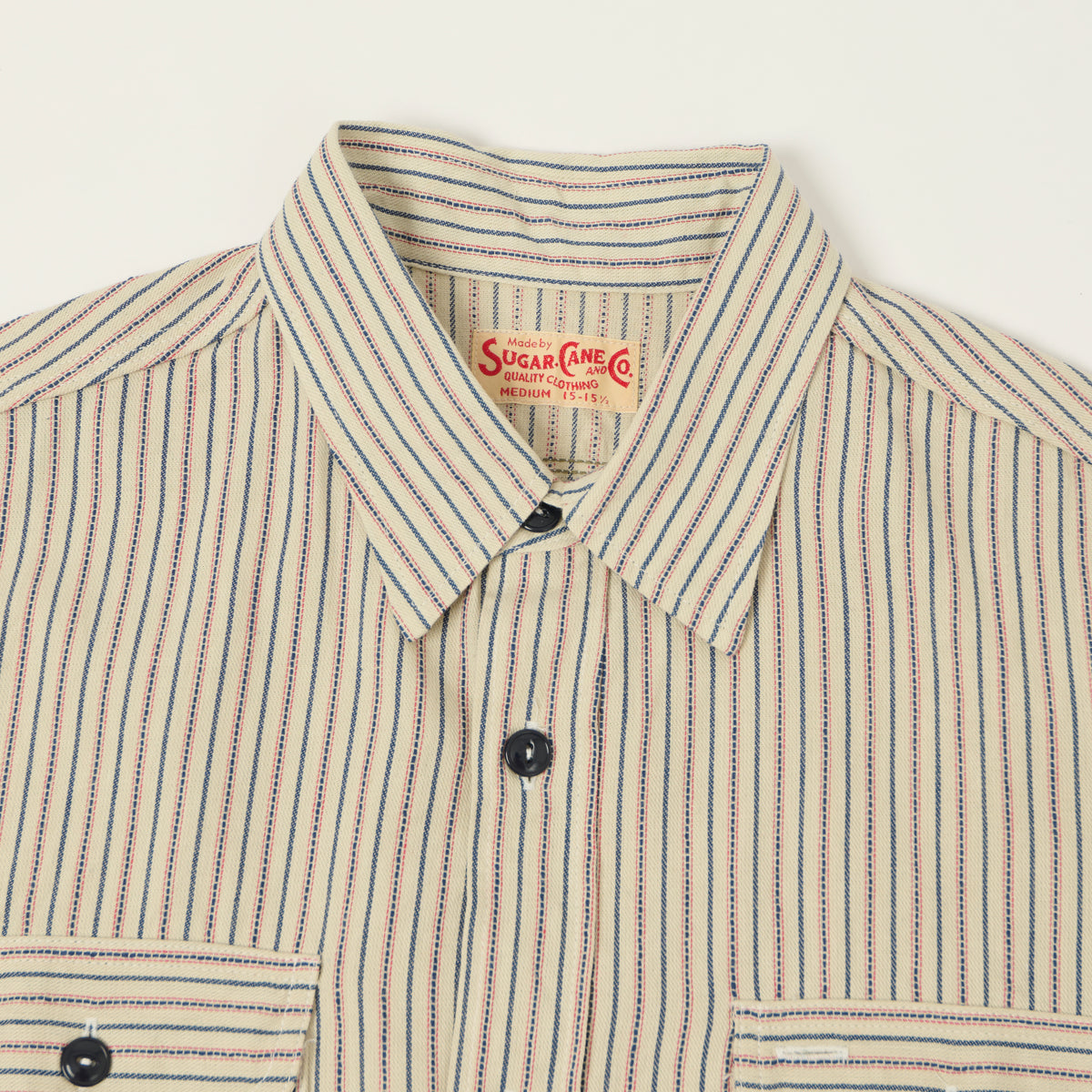 Sugar Cane Dobby Stripe Short Sleeve Work Shirt - Off White