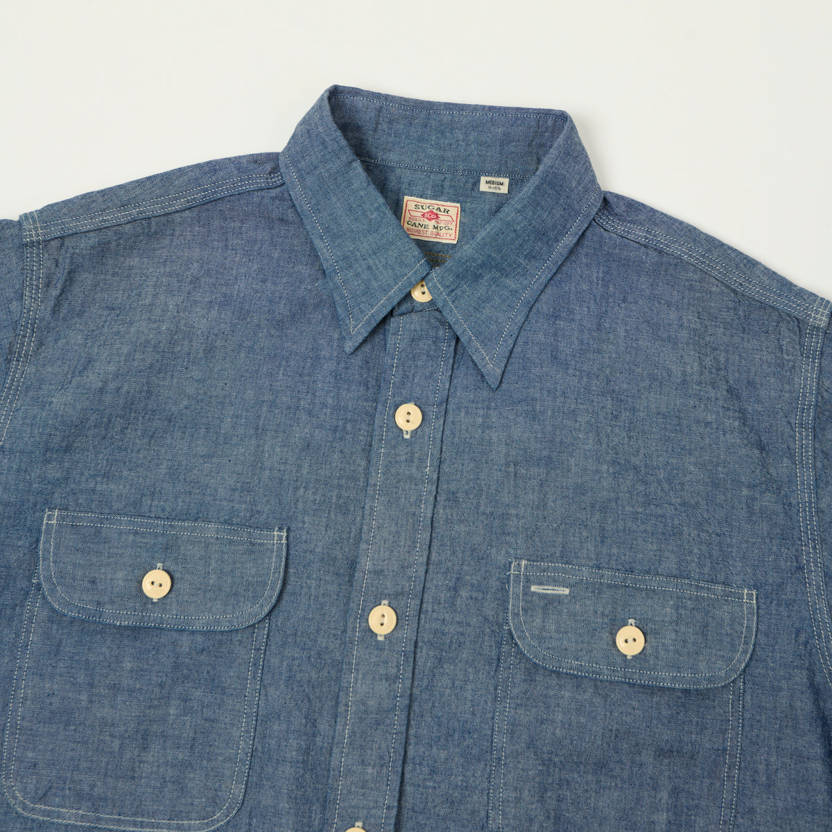 Sugar Cane Short Sleeve Chambray Work Shirt - Navy