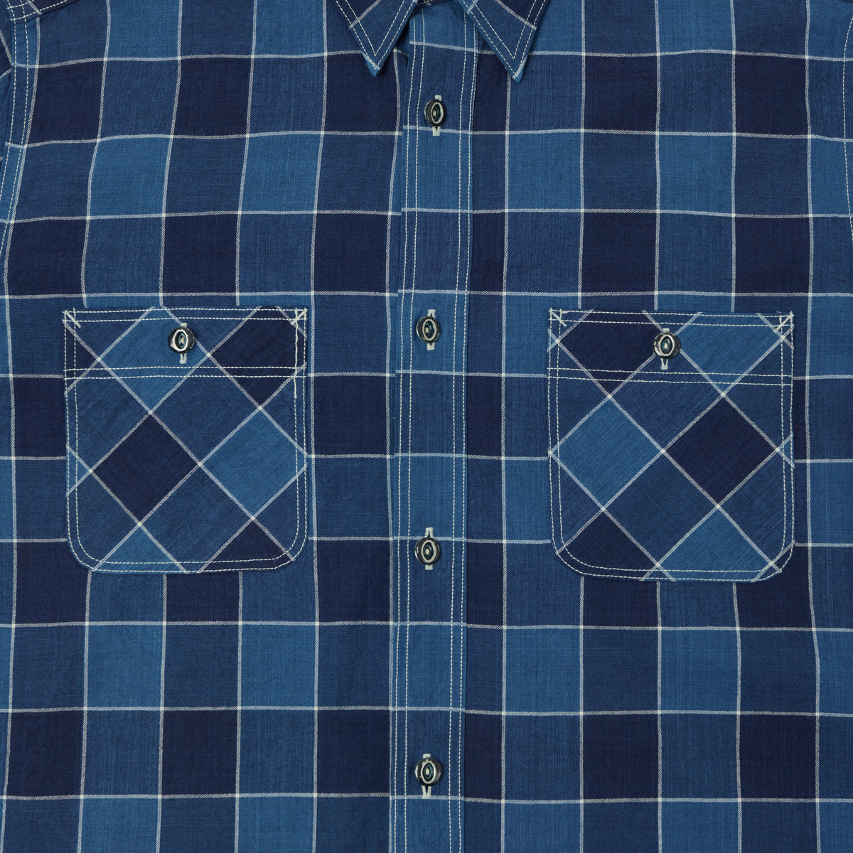Sugar Cane Short Sleeve Plaid Work Shirt - Indigo