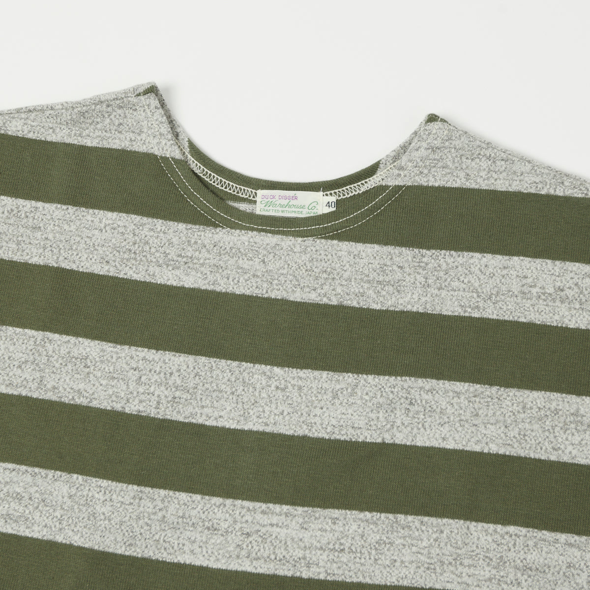 Warehouse & Co 4050 Duck Digger Border Stripe T-Shirt - Olive Green/Heather Grey
