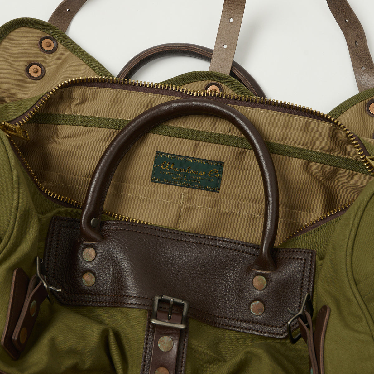 Warehouse & Co 5218 Leather/Canvas Boston Bag - OD Green